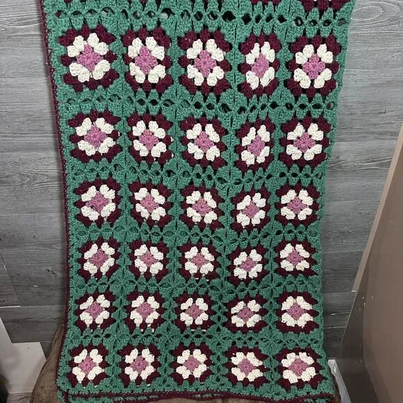 Handcrafted Floral Crochet Throw Blanket - Green, Purple, Cream - Picture 3 of 7